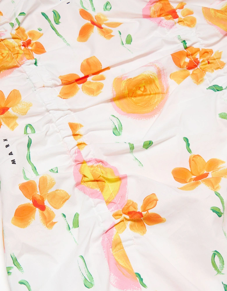 Girls Flower Print Poplin Dress in White