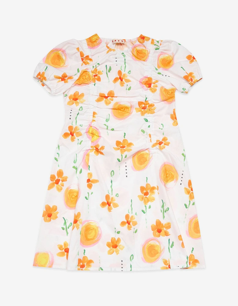 Girls Flower Print Poplin Dress in White