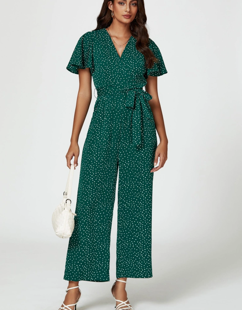 Dot Print Wrap Top Jumpsuit In Green