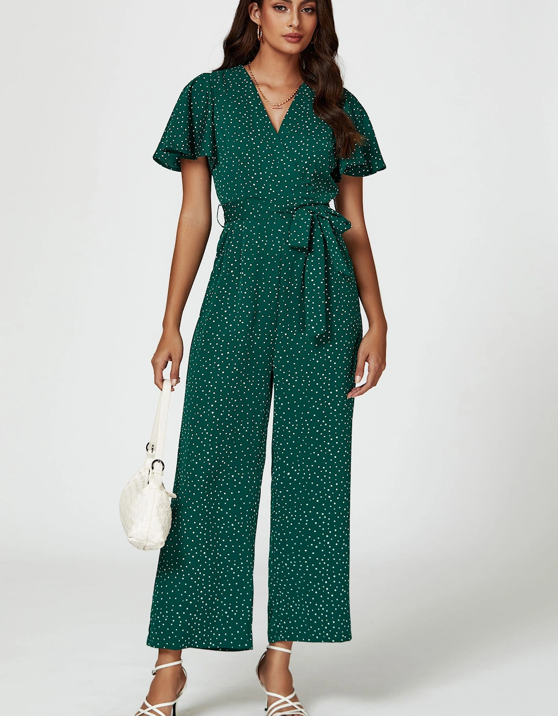 Dot Print Wrap Top Jumpsuit In Green, 2 of 1