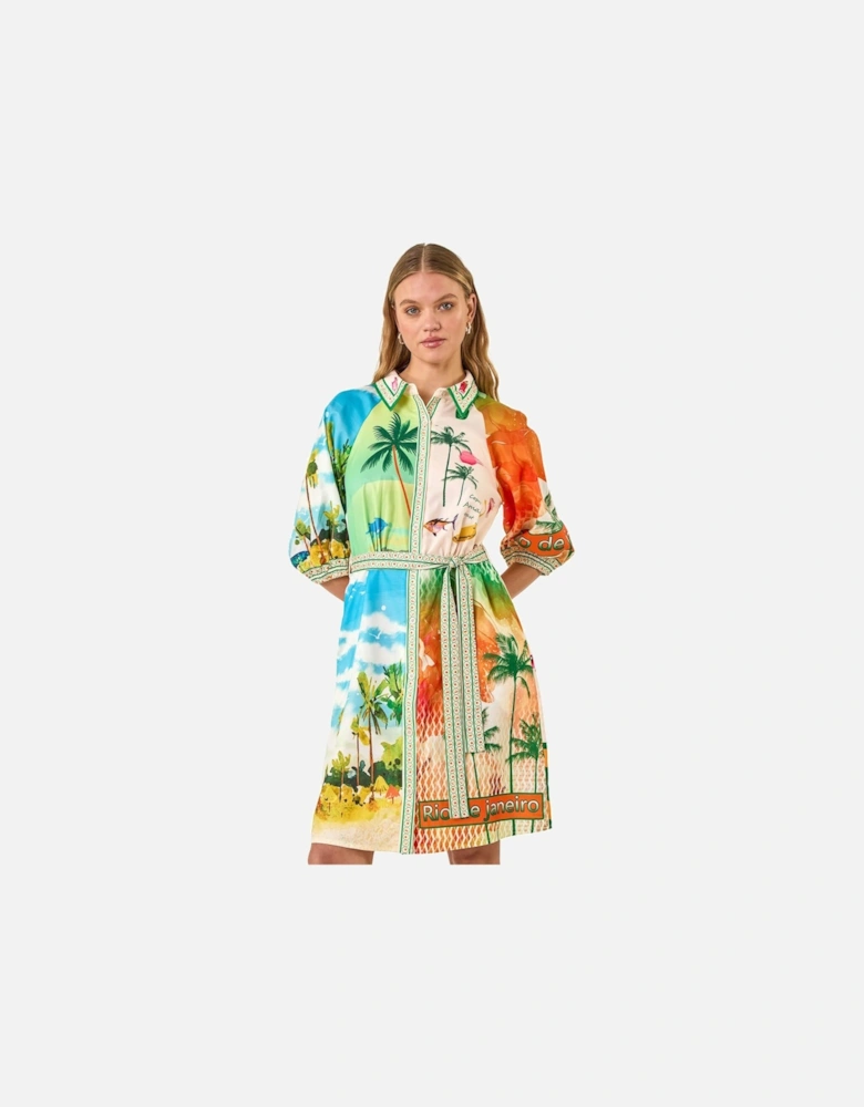 Landscape Print Tie Waist Shirt Dress