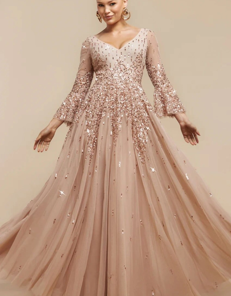 Sunray Sequin A Line Bell Sleeve Maxi Dress