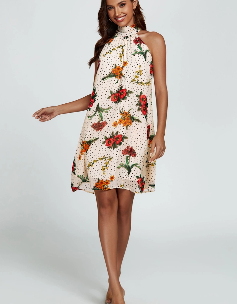 Floral Print Halter Neck Tie Back Mini Dress In Off White