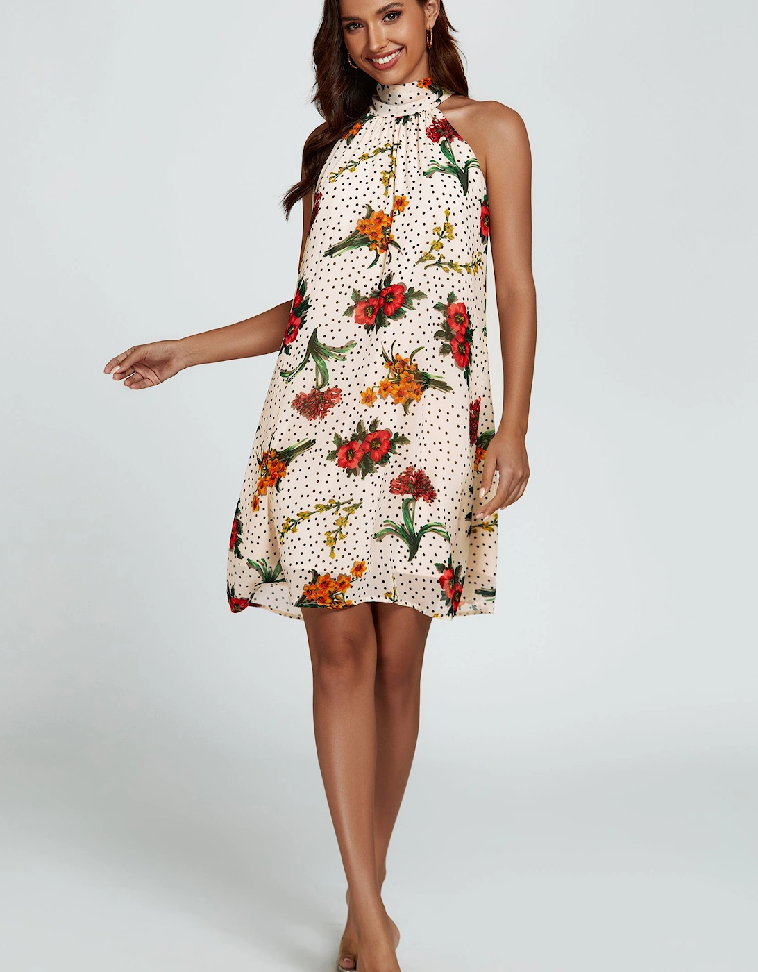Floral Print Halter Neck Tie Back Mini Dress In Off White, 2 of 1