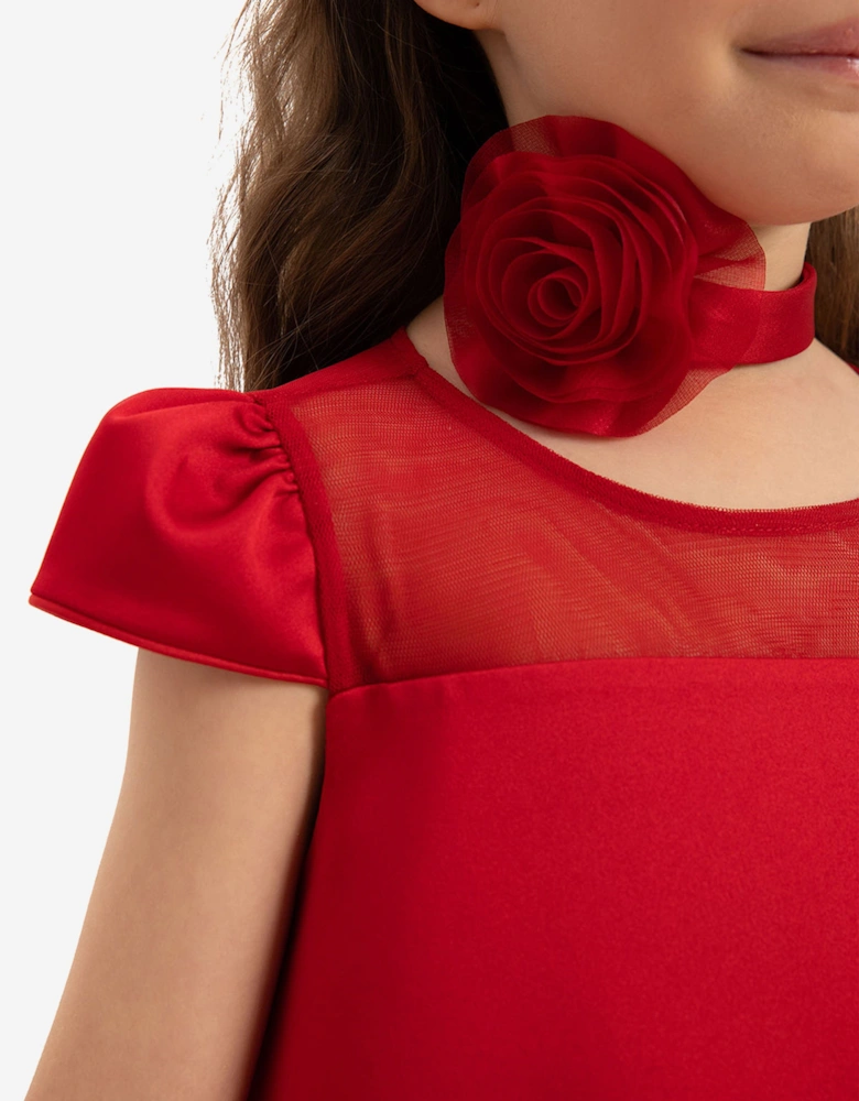 Girls Dress with Flower Choker in Red