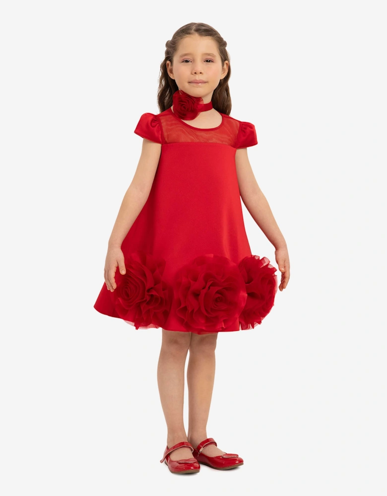 Girls Dress with Flower Choker in Red