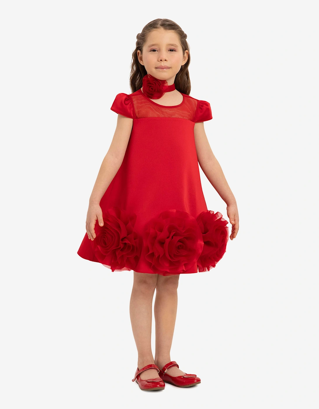 Girls Dress with Flower Choker in Red