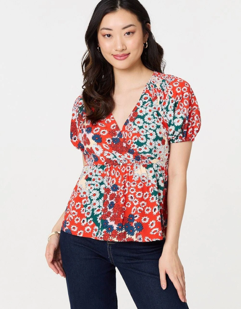 Ditsy Floral Faux Wrap V-Neck Top