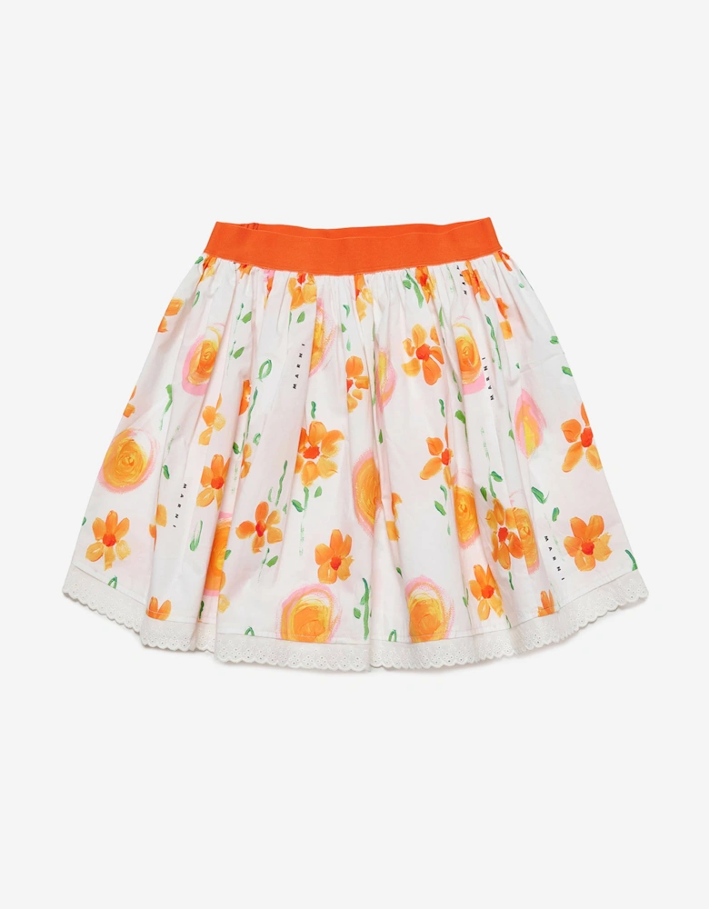 Girls Flower Print Skirt in White