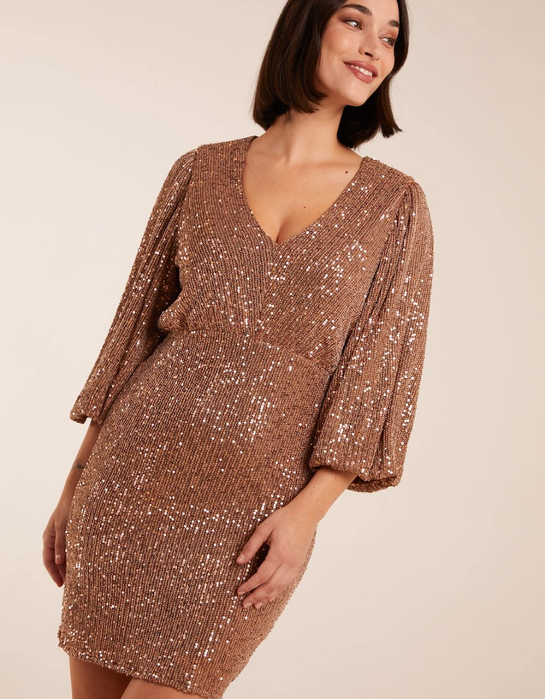 V Neck Puff Ball Sleeve Mini Dress, 2 of 1