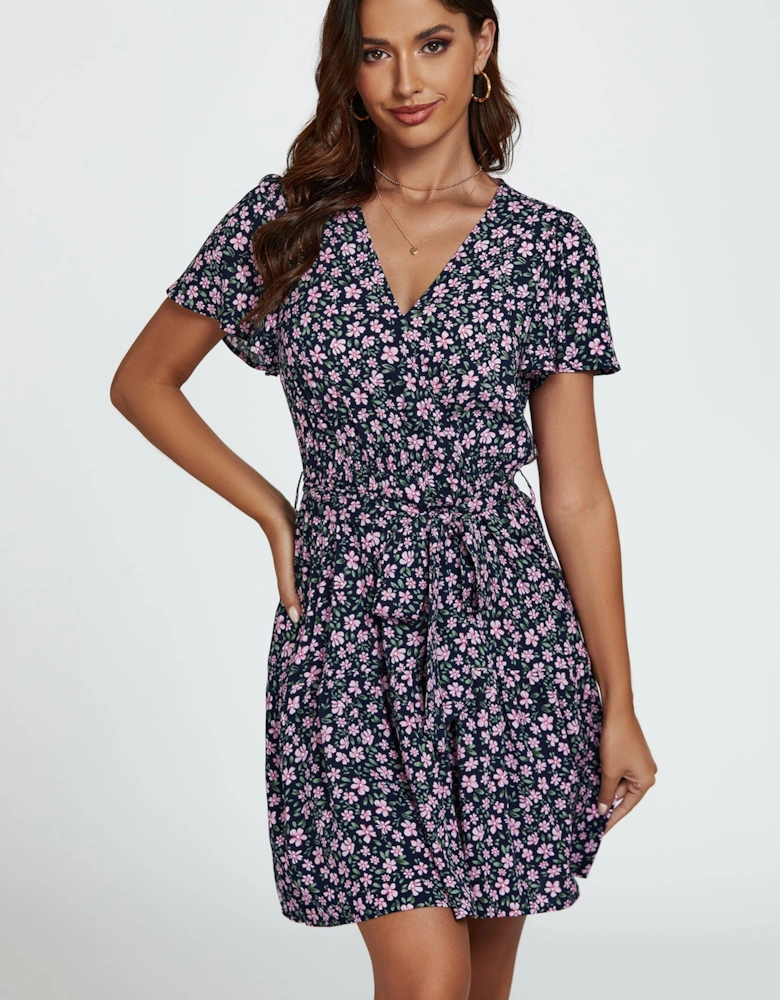Floral Print Hem Tiered Wrap Mini Dress