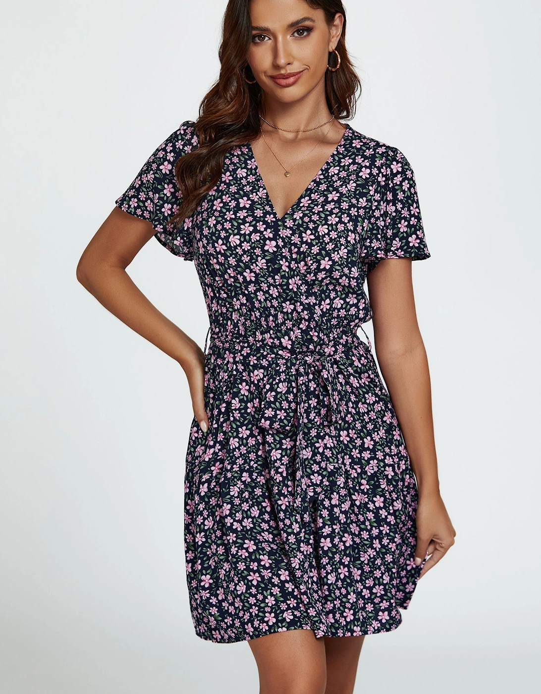 Floral Print Hem Tiered Wrap Mini Dress, 2 of 1