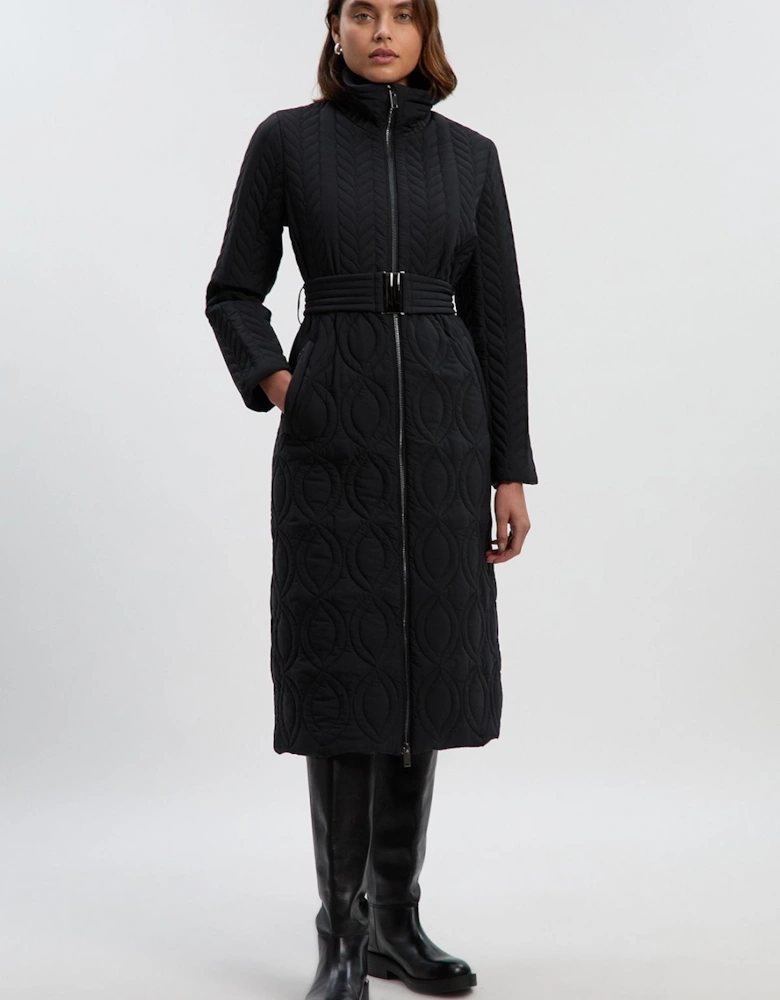 Multi Stitch Detail Belted Padded Midi Coat