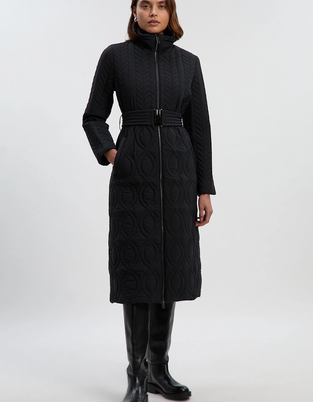 Multi Stitch Detail Belted Padded Midi Coat, 2 of 1