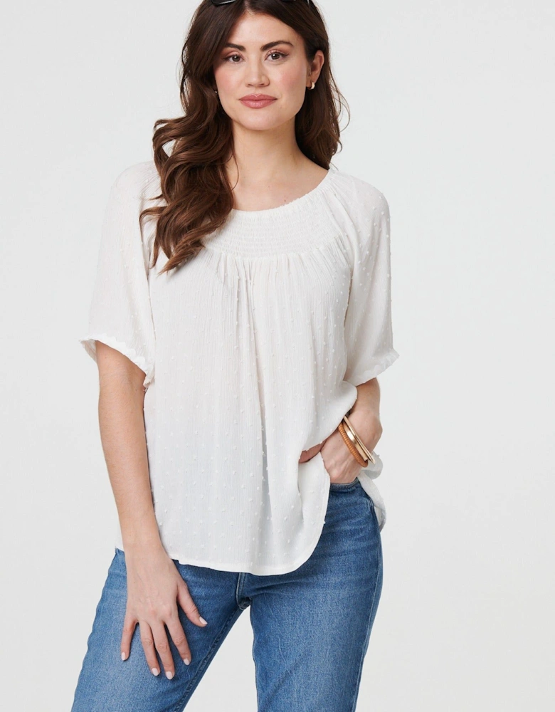 Textured Semi Sheer Shirred Bardot Top