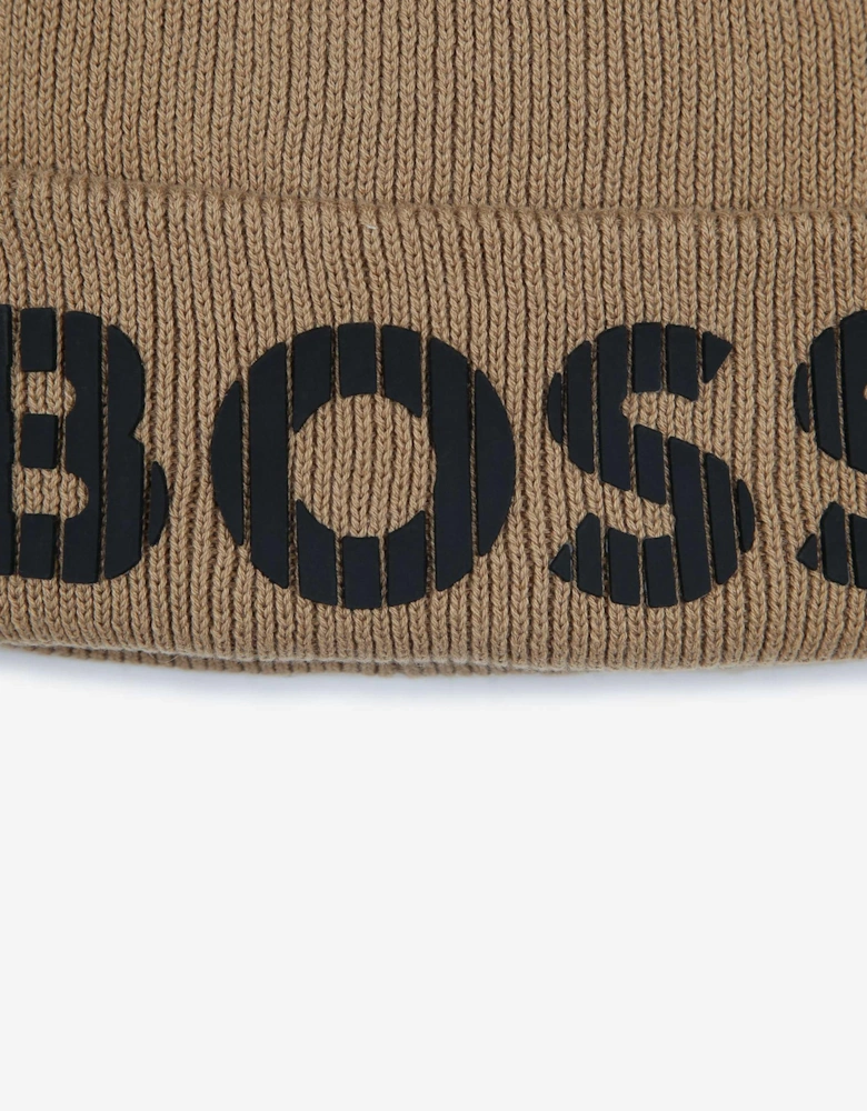BOSS Boys Knitted Logo Beanie Hat in Brown
