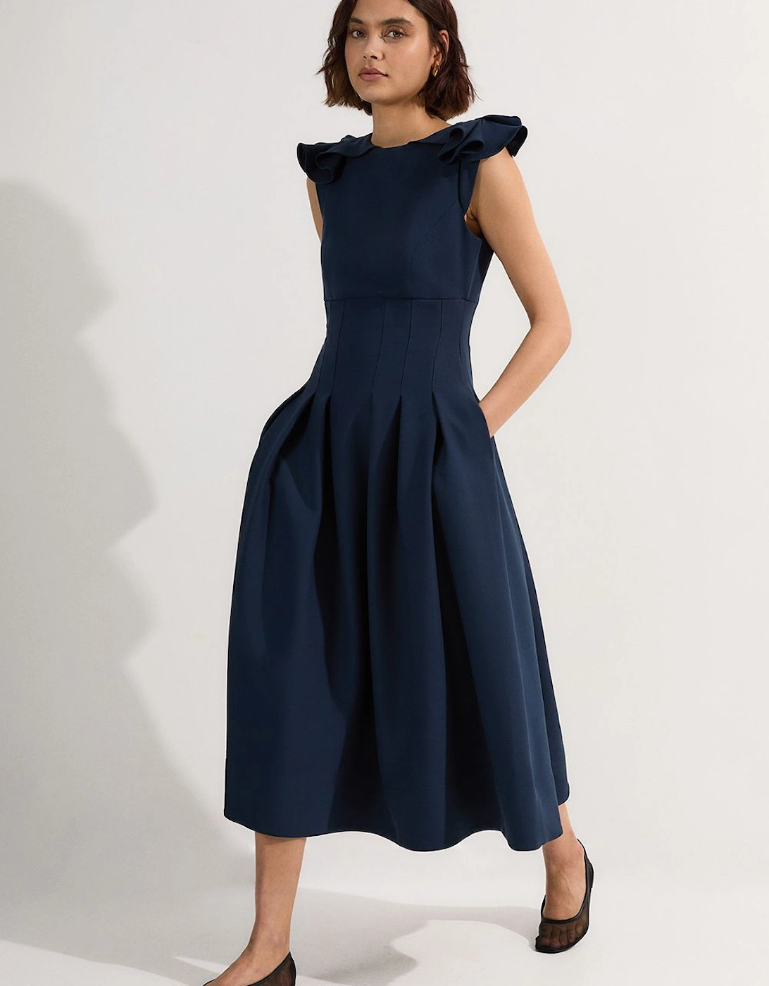 Structured Crepe Ruffle Shoulder Tailored Full Skirted Midi Dress, 2 of 1