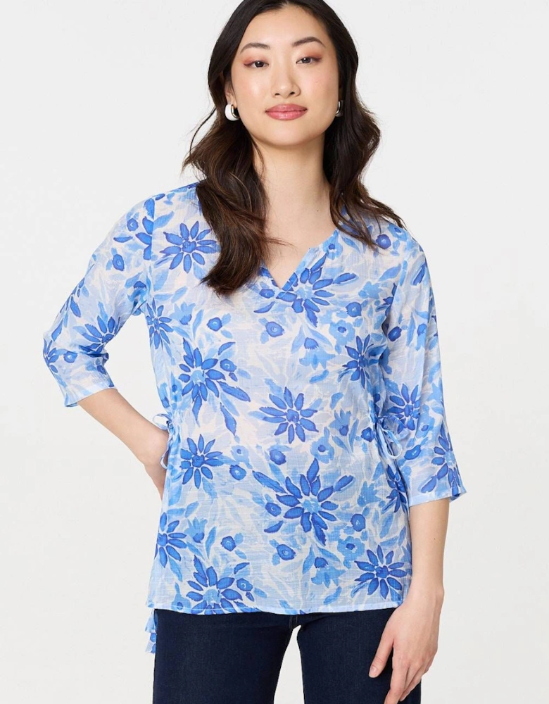 Floral 3/4 Sleeve Tie Detail Blouse