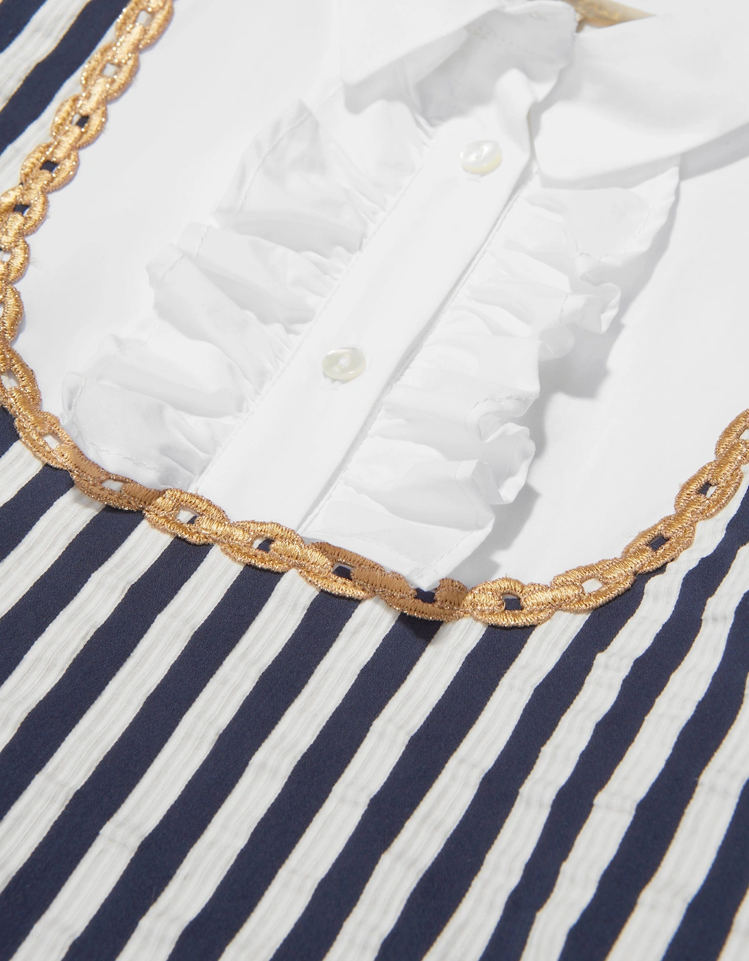 Girls Cotton And Silk Striped Ruffle Trim Dress