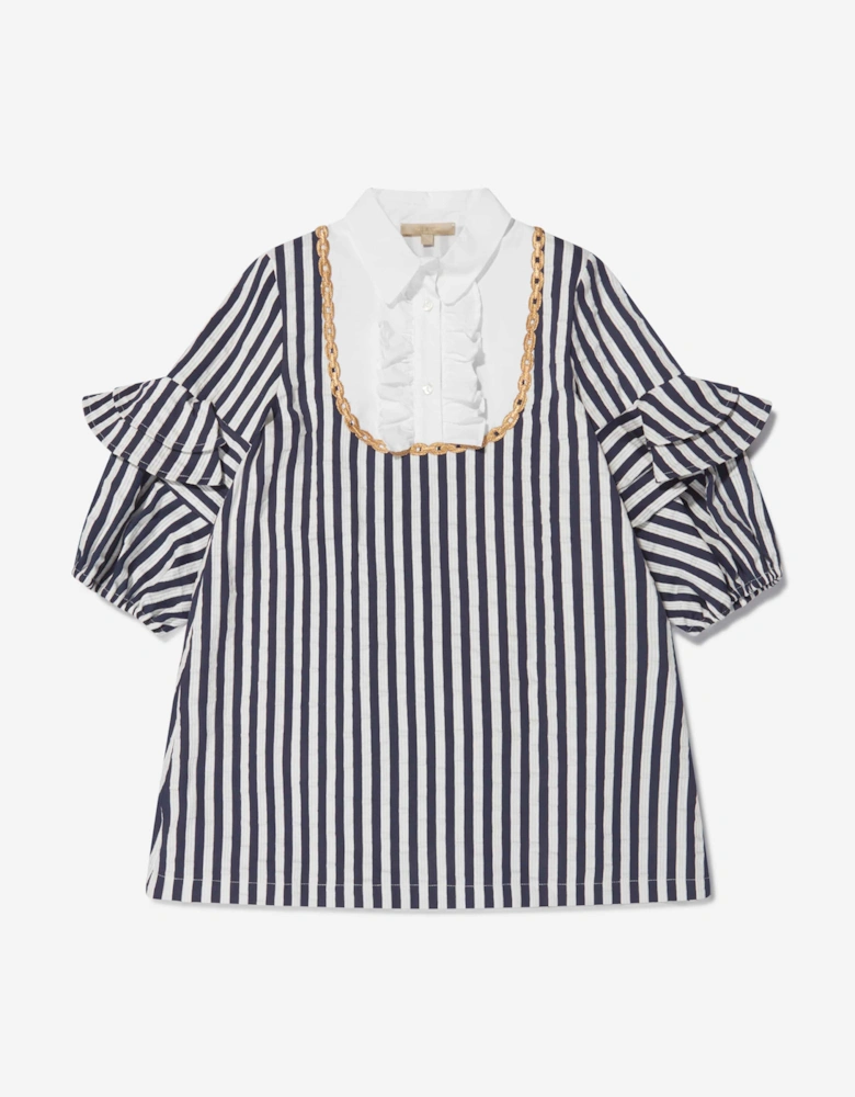 Girls Cotton And Silk Striped Ruffle Trim Dress