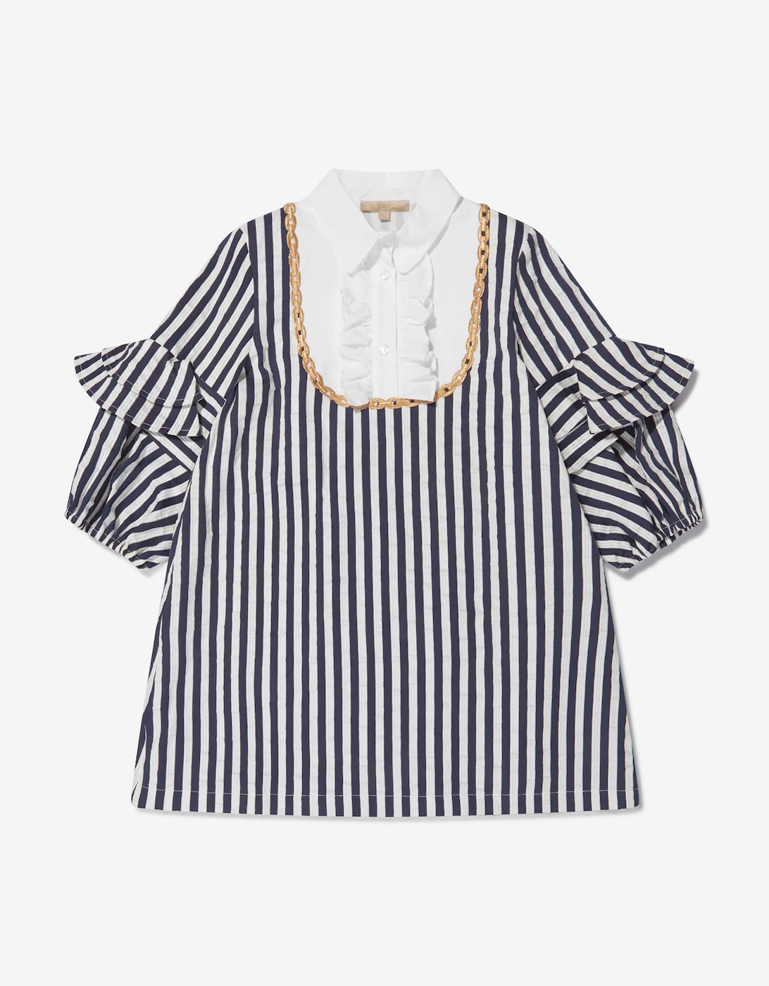 Girls Cotton And Silk Striped Ruffle Trim Dress, 5 of 4