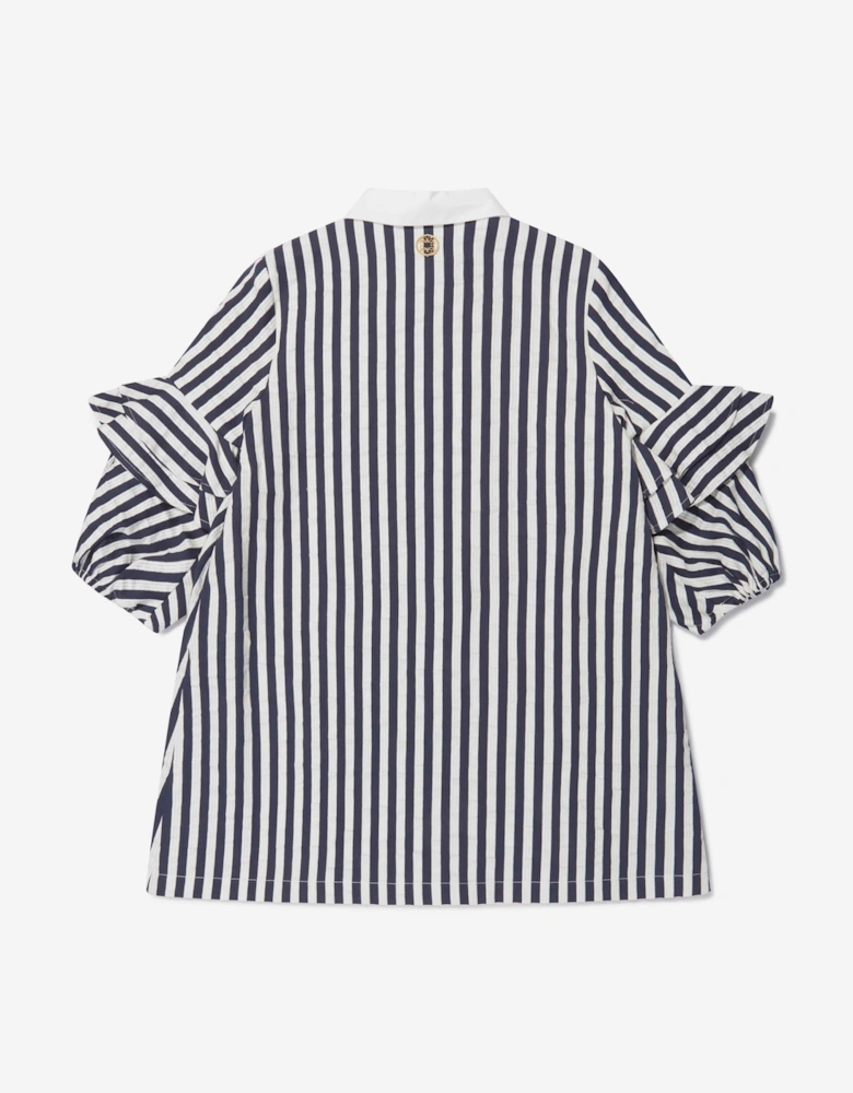 Girls Cotton And Silk Striped Ruffle Trim Dress