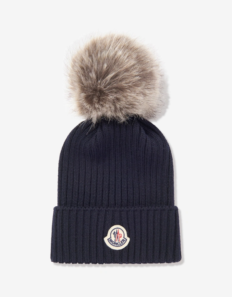 Girls Knitted Pom Pom Hat in Navy
