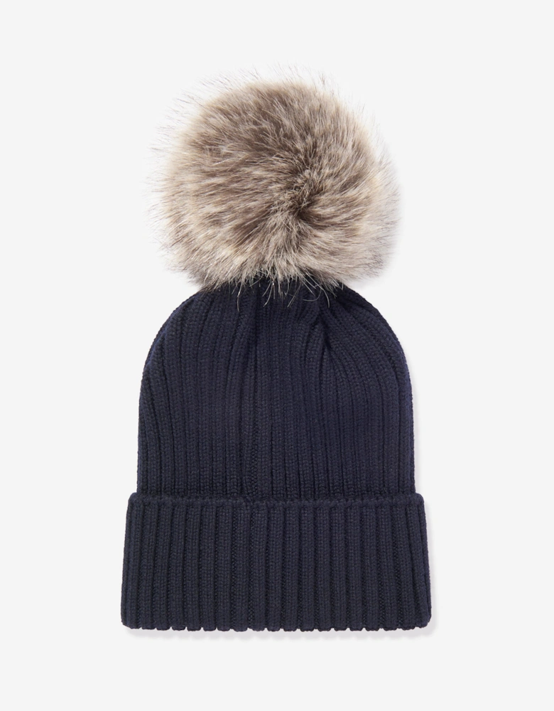Girls Knitted Pom Pom Hat in Navy