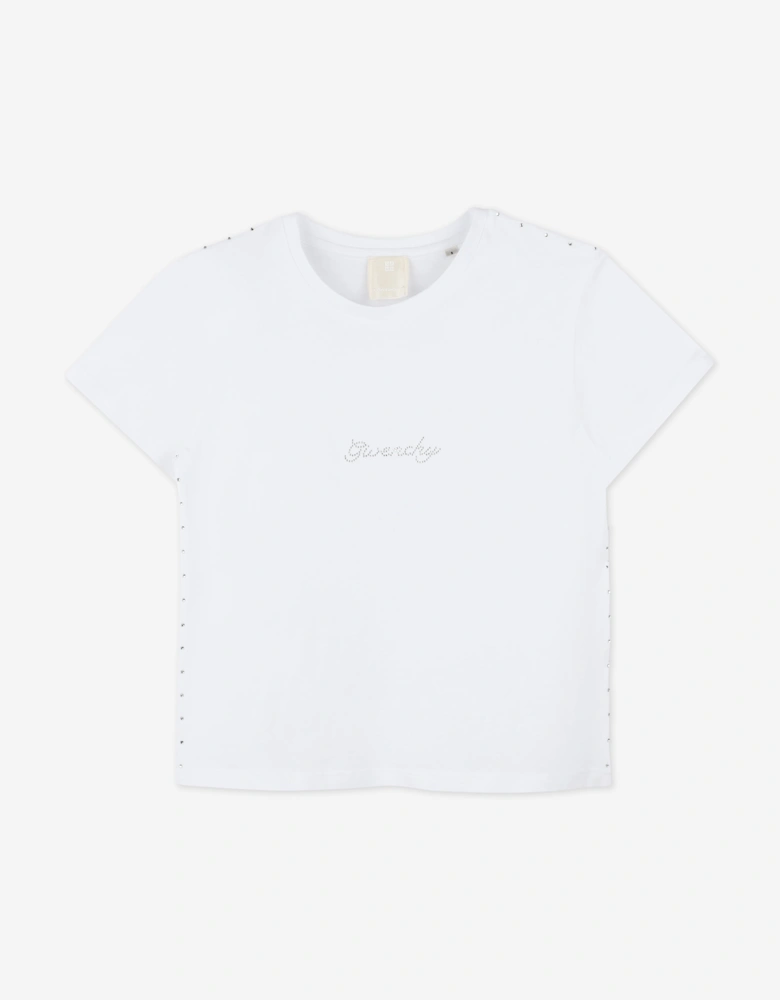 Girls Diamante Signature Logo T-Shirt in White