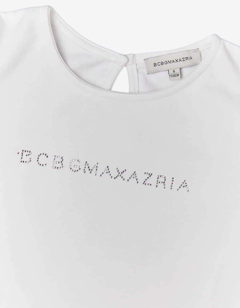 BCBGMAXAZRIA Girls Diamante Logo Puff Sleeve Top in White