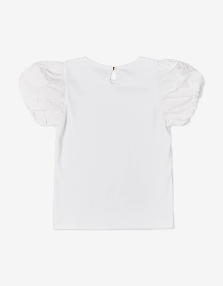 BCBGMAXAZRIA Girls Diamante Logo Puff Sleeve Top in White