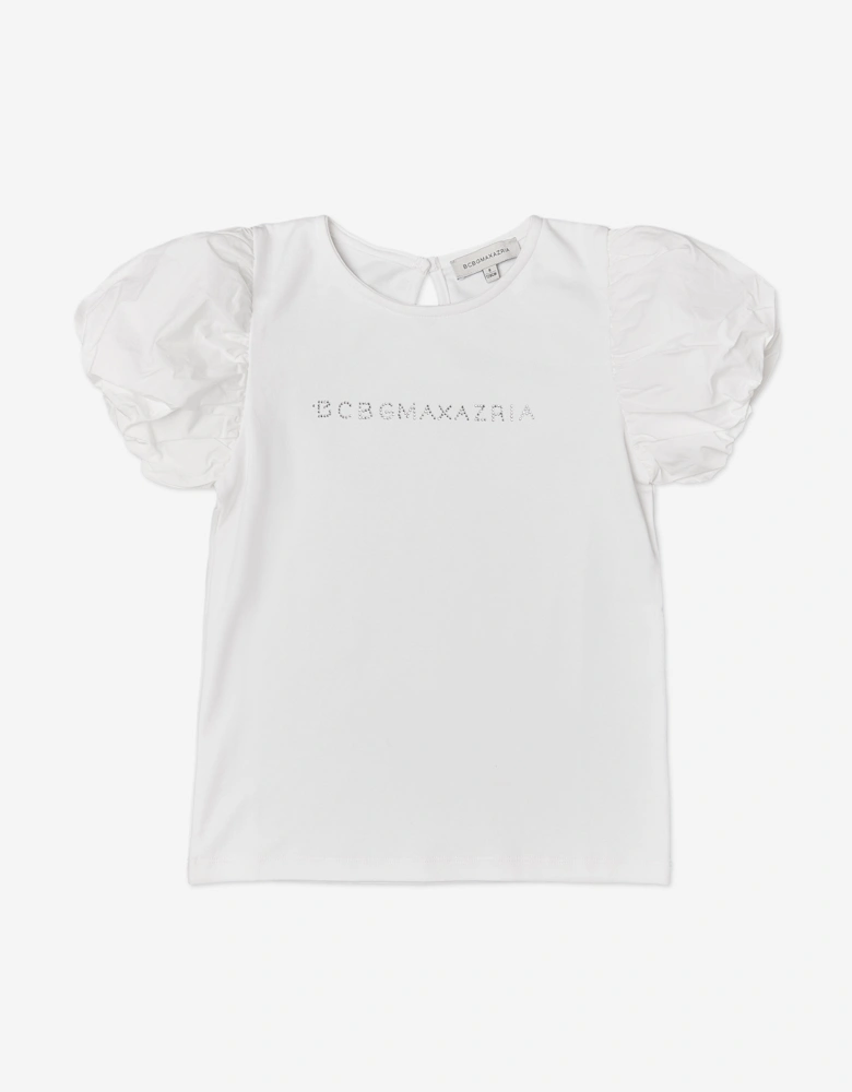 BCBGMAXAZRIA Girls Diamante Logo Puff Sleeve Top in White