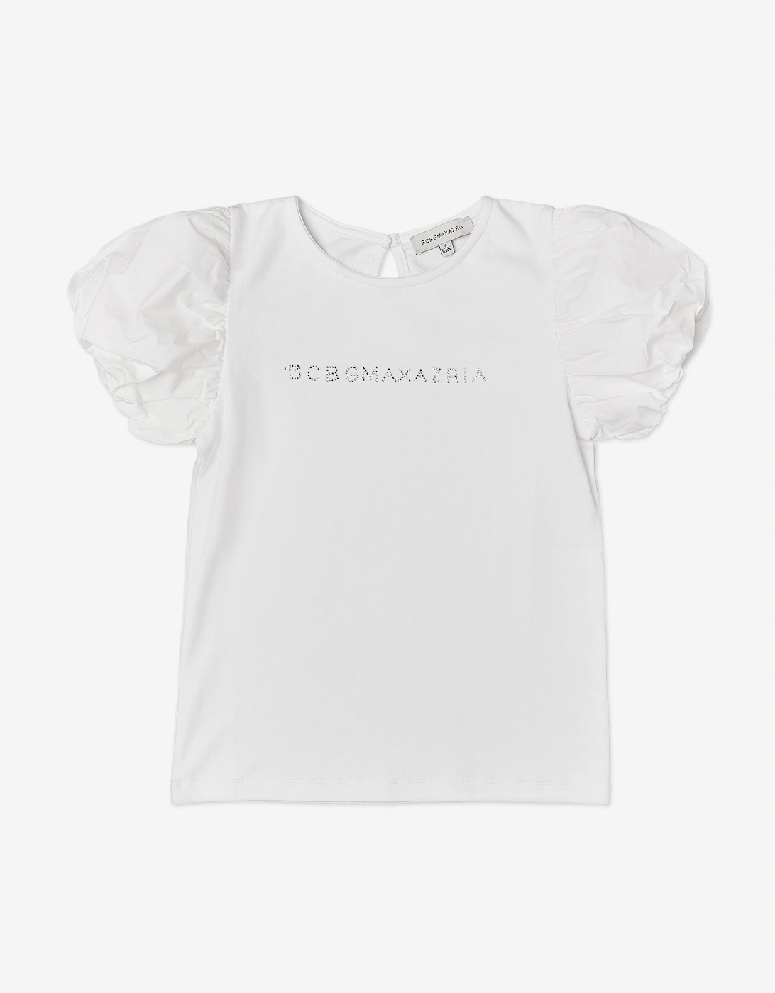 BCBGMAXAZRIA Girls Diamante Logo Puff Sleeve Top in White, 5 of 4