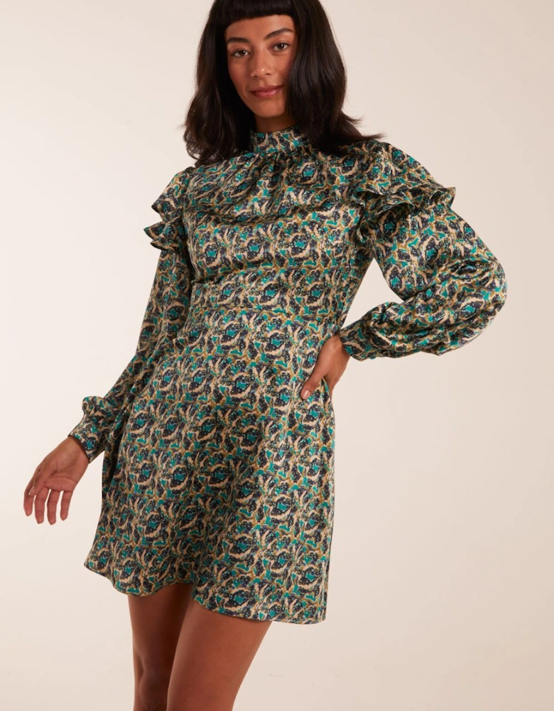 Ruffle Sleeve High Neck Swing Dress