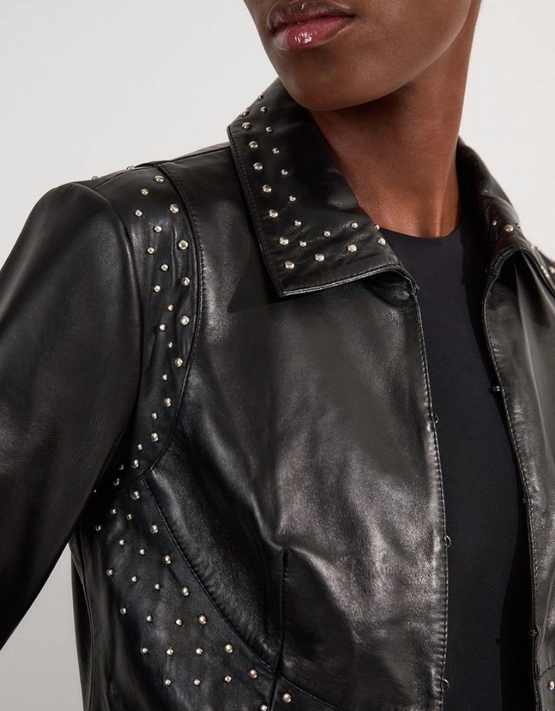 Studded Leather High Collar Tailored Jacket