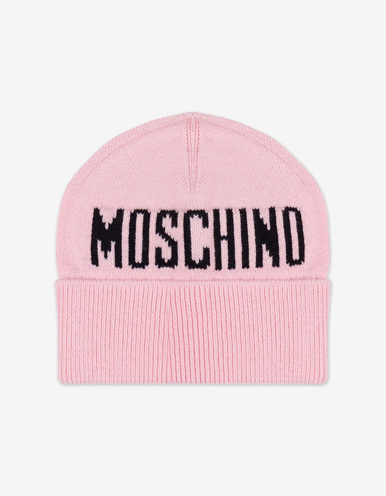 Girls Knitted Logo Beanie Hat in Pink