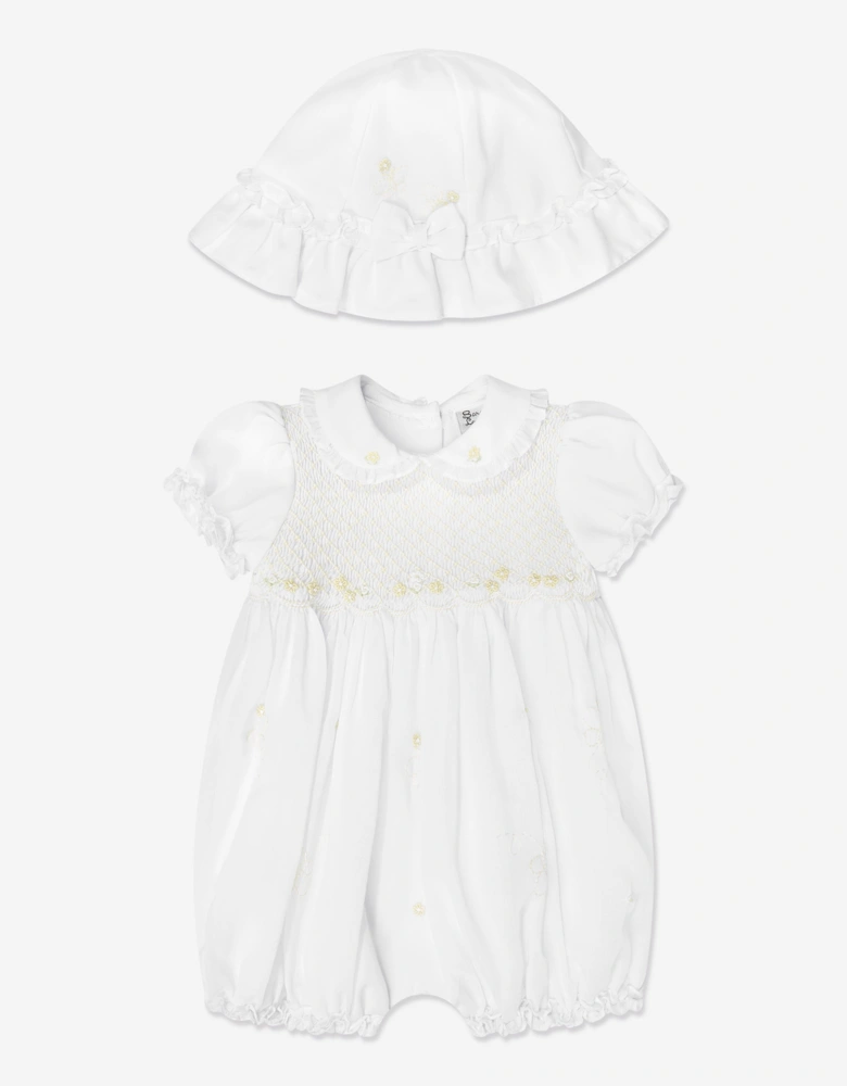 Baby Girls Bubble Romper and Hat in White
