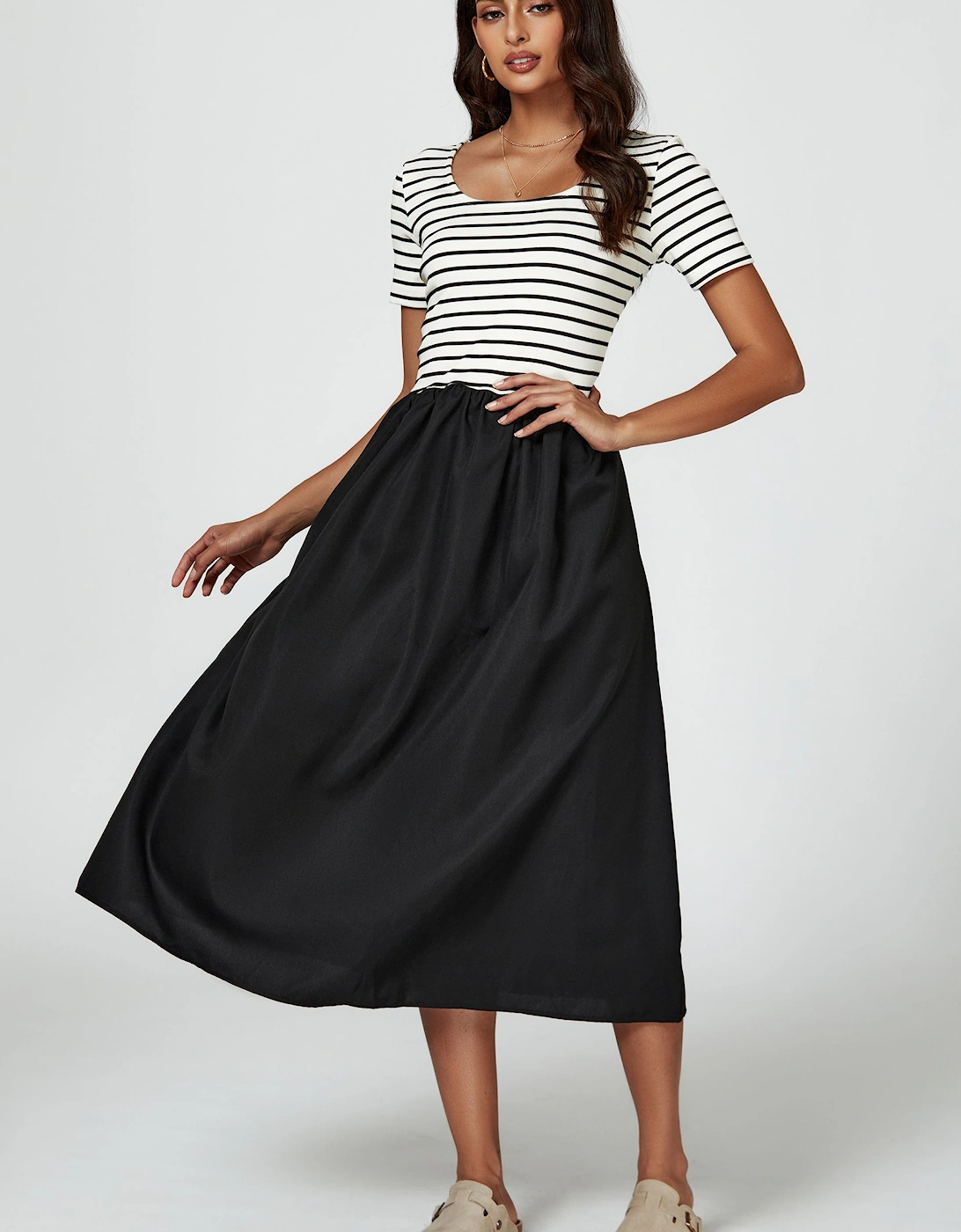 Short Sleeve Black Stripe Midi Dress In White, 2 of 1