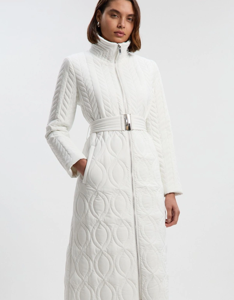 Multi Stitch Detail Belted Padded Midi Coat