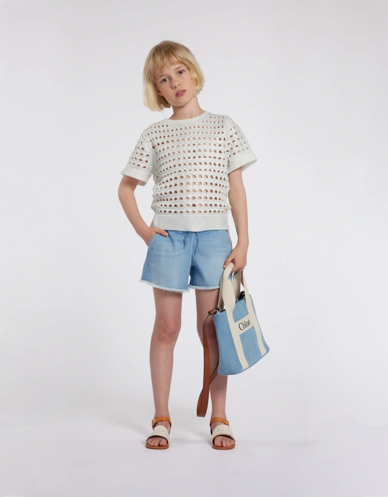 Girls Lamé Crochet Sweatshirt in Silver
