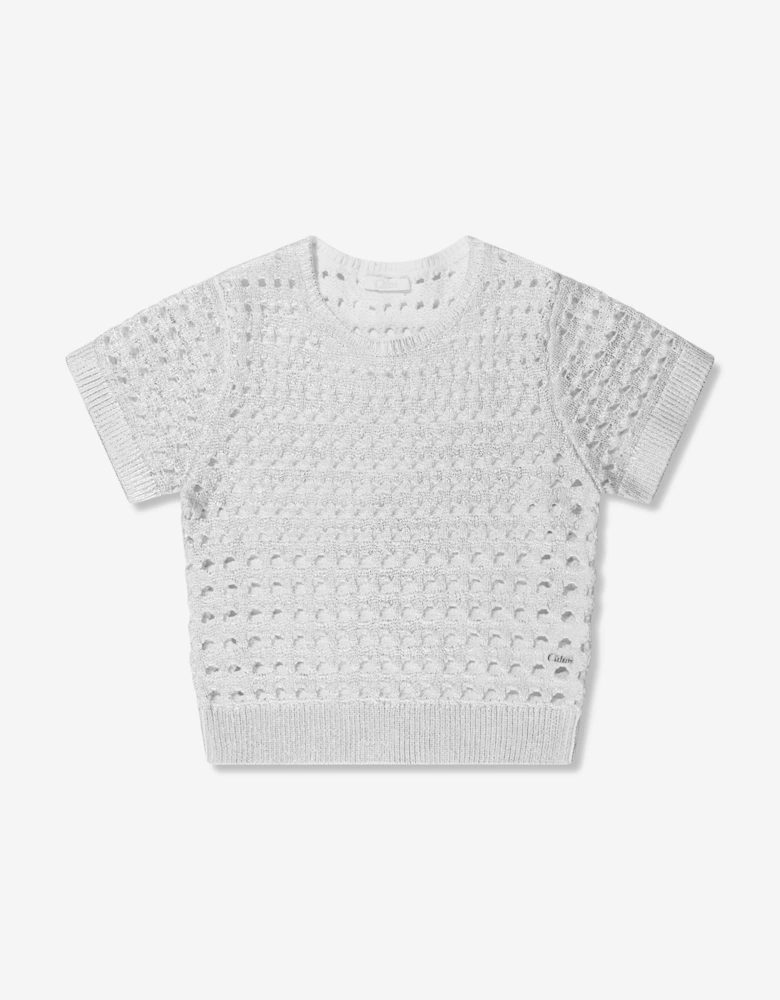 Girls Lamé Crochet Sweatshirt in Silver