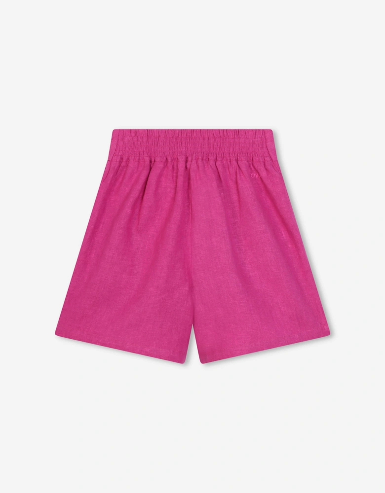 Girls Linen Belted Shorts in Pink