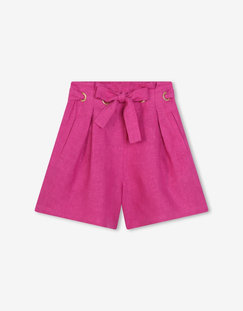 Girls Linen Belted Shorts in Pink