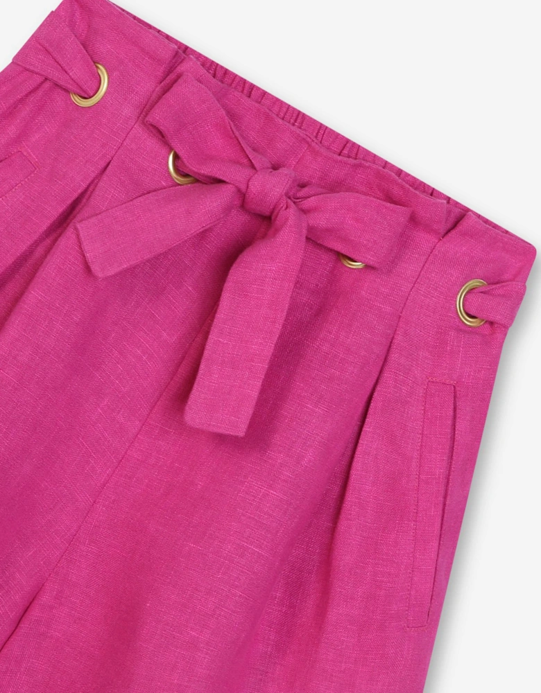 Girls Linen Belted Shorts in Pink