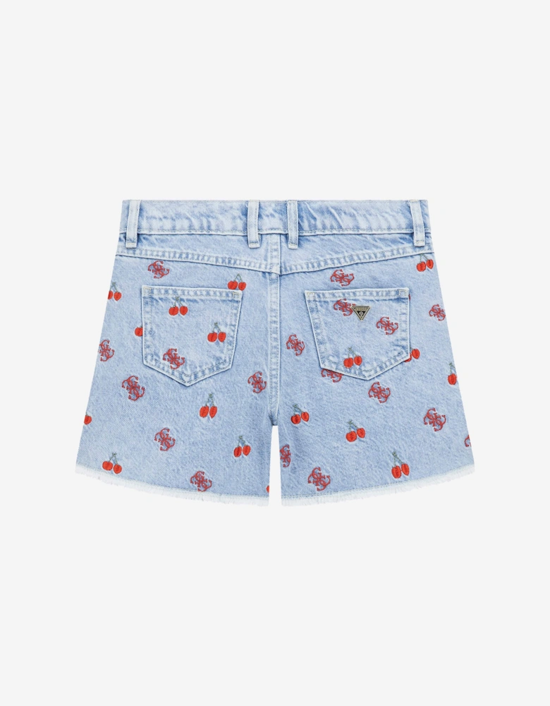 Girls Embroidered Denim Shorts in Blue