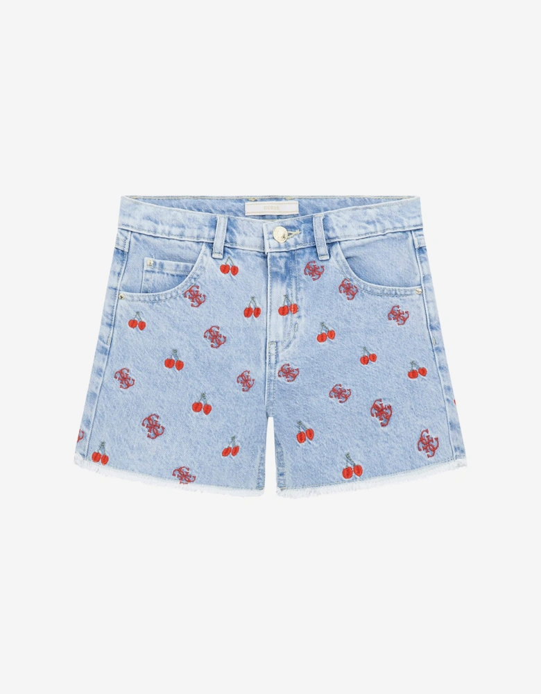 Girls Embroidered Denim Shorts in Blue