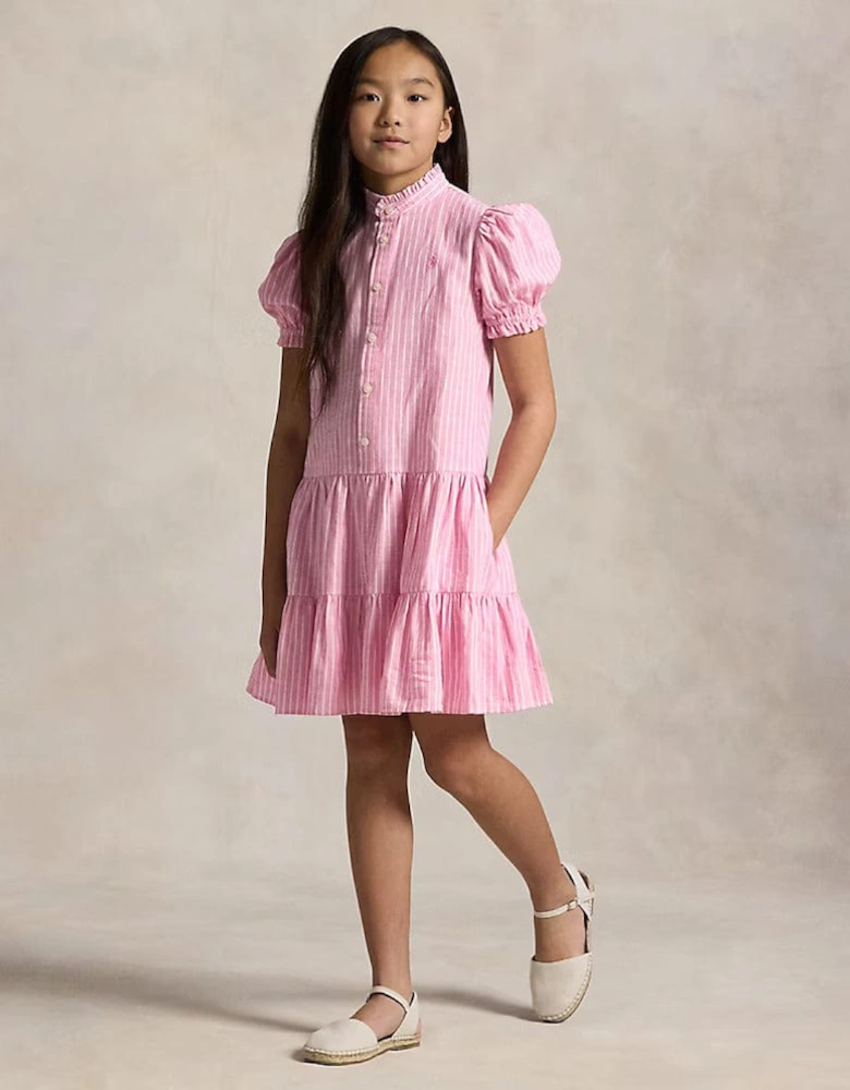 Girls Striped Tier Shirt Dress in Pink