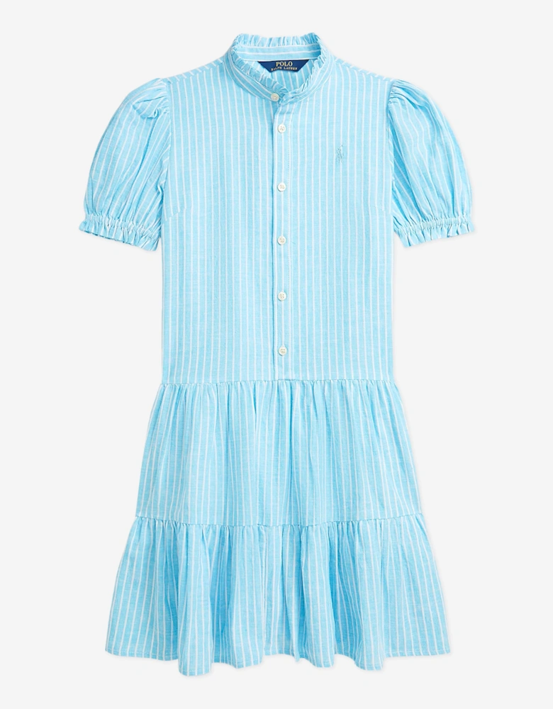 Girls Linen Striped Dress in Blue