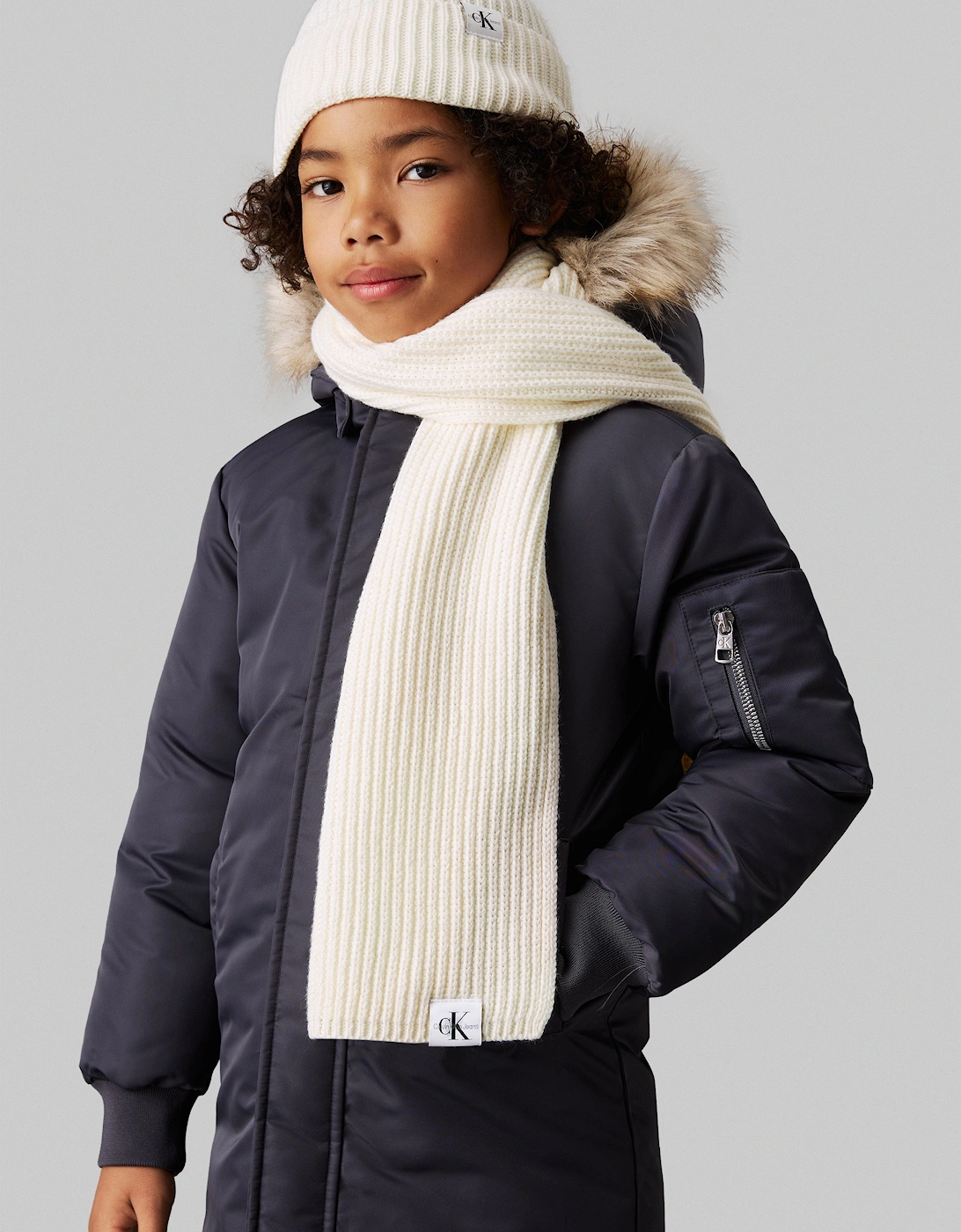 Girls Monogram Rib Scarf and Beanie Set in Ivory