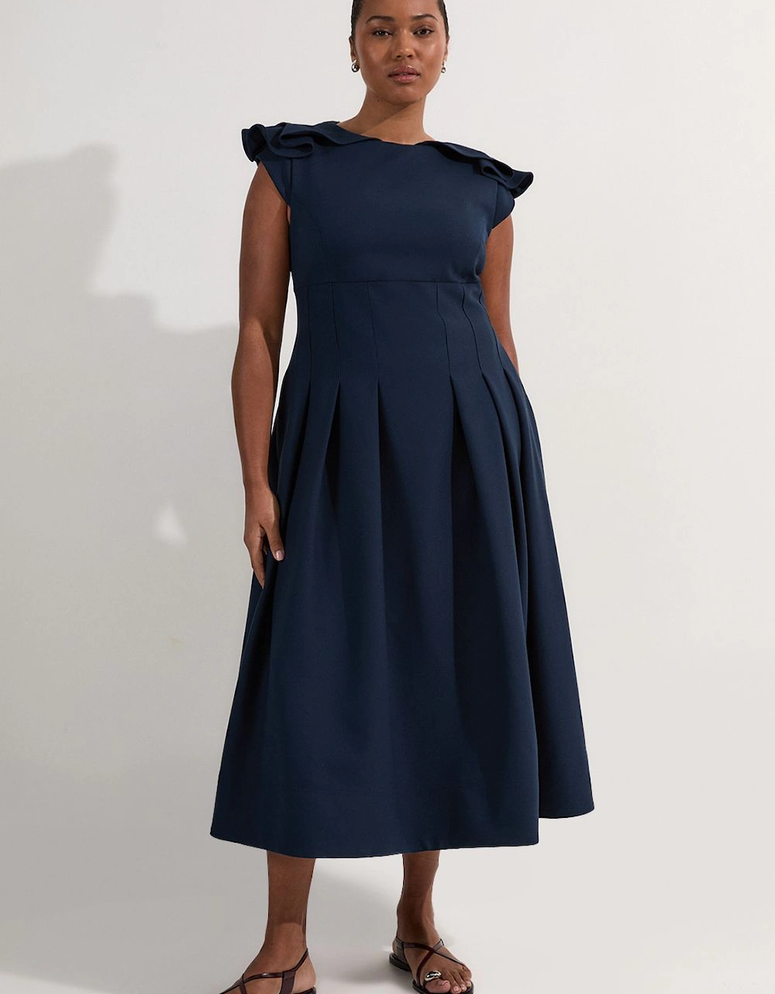 Plus Size Structured Crepe Ruffle Shoulder Tailored Full Skirted Midi Dress, 2 of 1